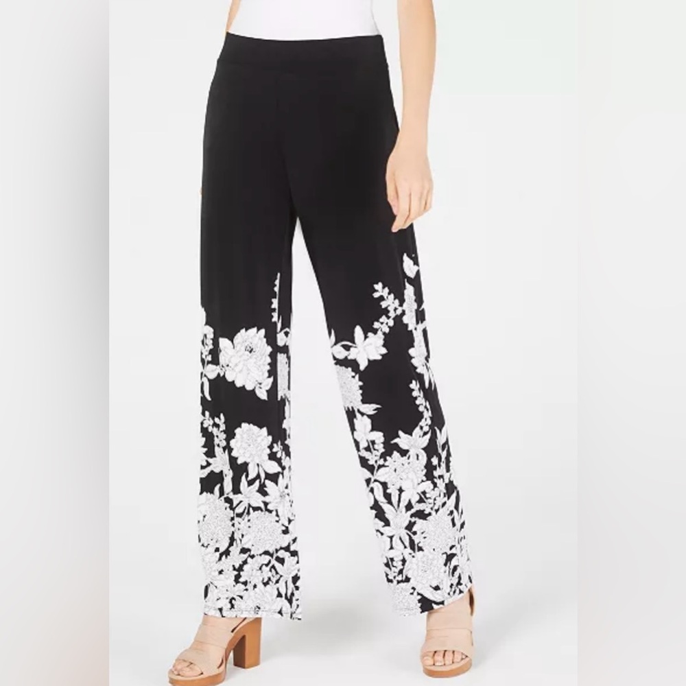 INC International Concepts Black Wide-Leg Pants with White Floral Border
